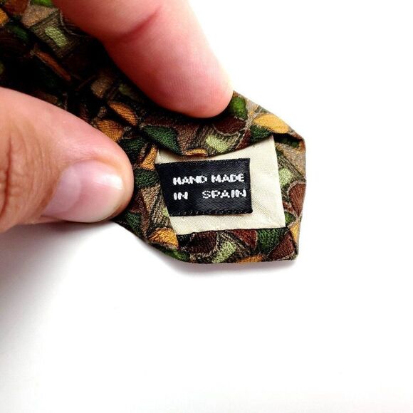 Barney's New York‎ Brown Green Geometric Abstract Short Silk Tie Woven - Picture 4 of 7